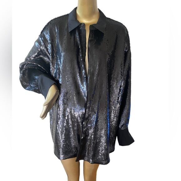 Size 1x NWT black, sequin shirt, jacket, Kahler, and cuffs, hidden button down - Picture 3 of 7